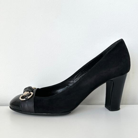 Gucci Classic Black Suede Pumps Bamboo Horsebit Cap Toe IT 39 - Picture 3 of 15